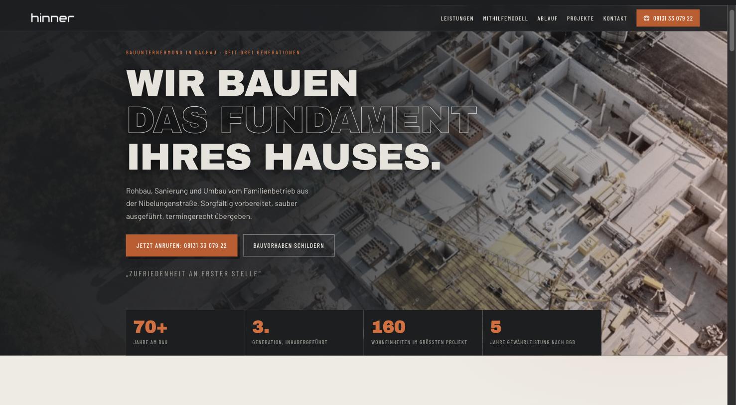 Hinner Bauunternehmung Website, gebaut von GG Digital